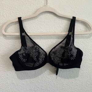 Simone Perele Black Mesh Silver Floral Embroidered Bra Designer Luxury